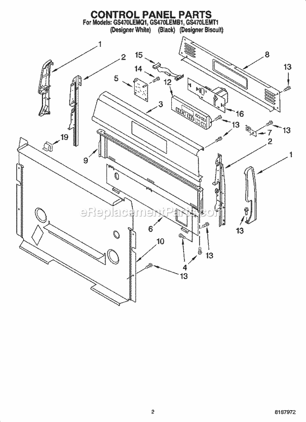 Whirlpool GS470LEMQ1 Freestanding Gas Range Control Panel Parts Diagram