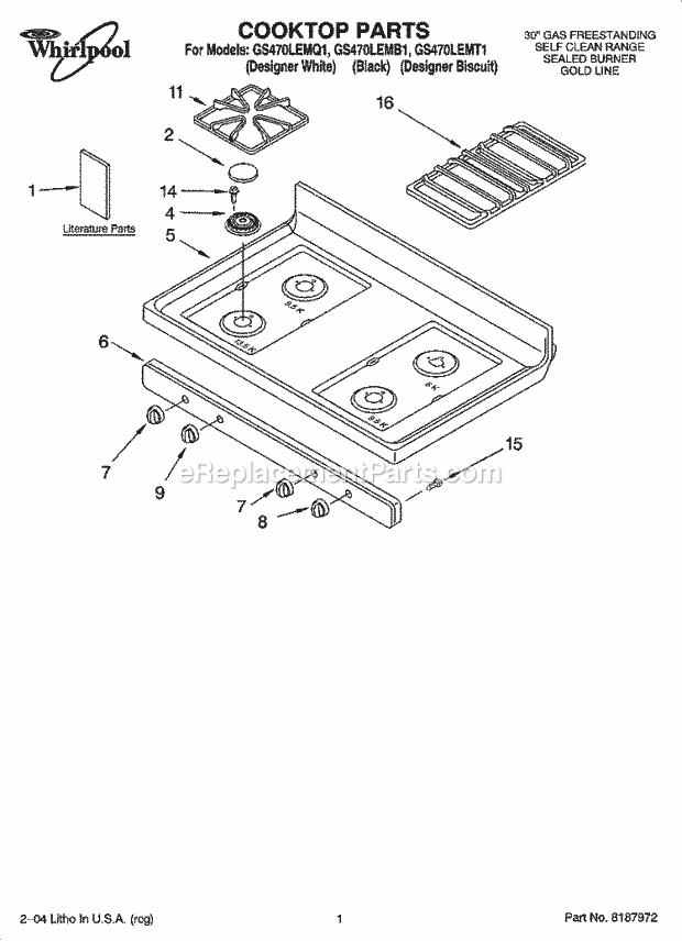 Whirlpool GS470LEMQ1 Freestanding Gas Range Cooktop Parts Diagram