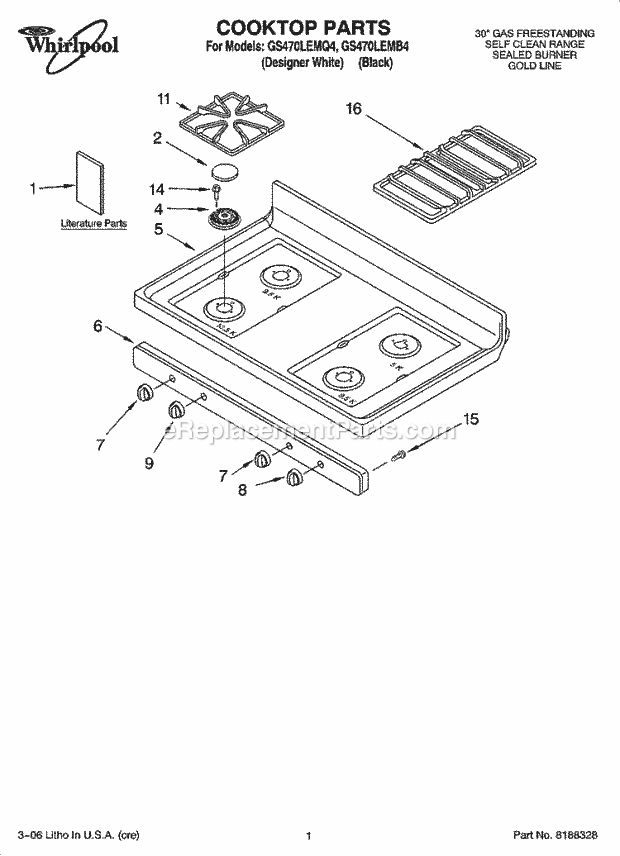 Whirlpool GS470LEMQ4 Freestanding Gas Range Cooktop Parts Diagram