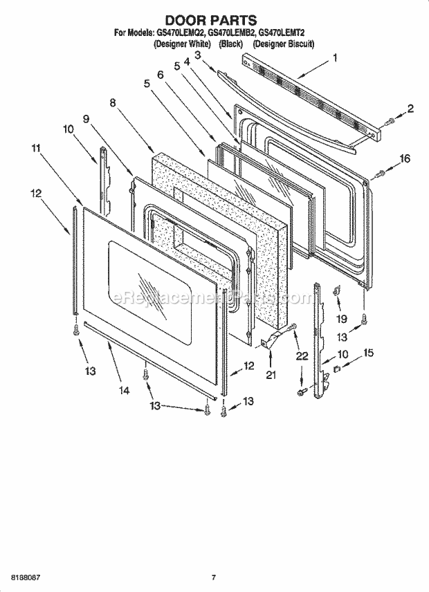 Whirlpool GS470LEMT2 Freestanding Gas Range Door Parts Diagram