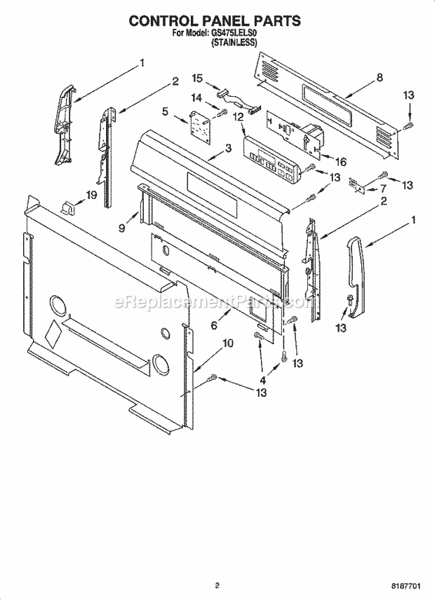 Whirlpool GS475LELS0 Freestanding Gas Range Control Panel Parts Diagram