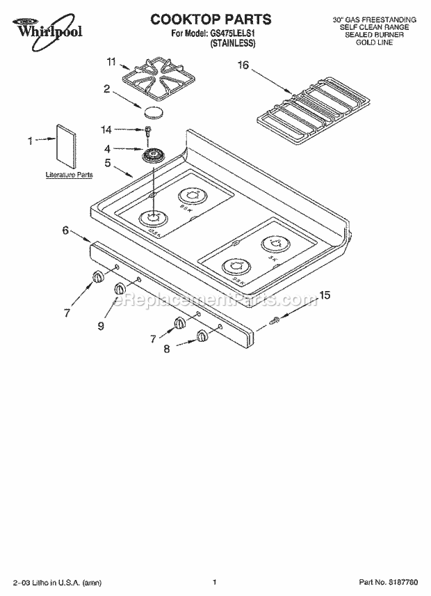 Whirlpool GS475LELS1 Freestanding Gas Range Cooktop Parts Diagram