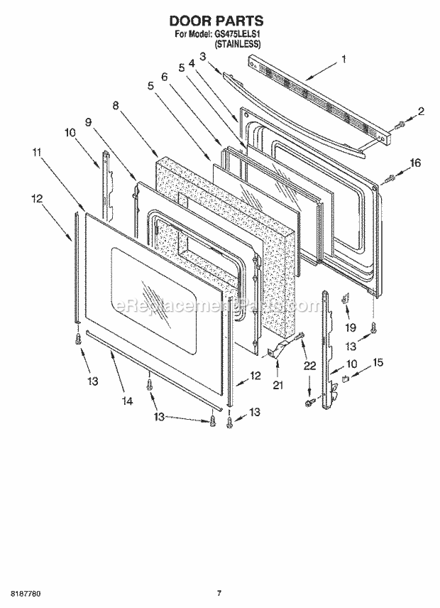 Whirlpool GS475LELS1 Freestanding Gas Range Door Parts Diagram