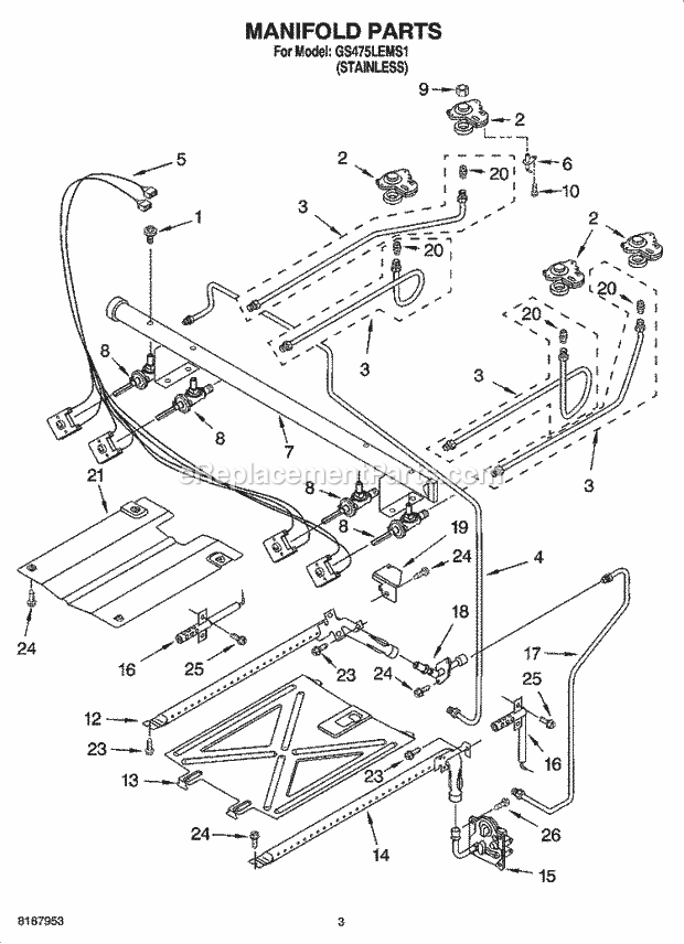 Whirlpool GS475LEMS1 Freestanding Gas Range Manifold Parts Diagram