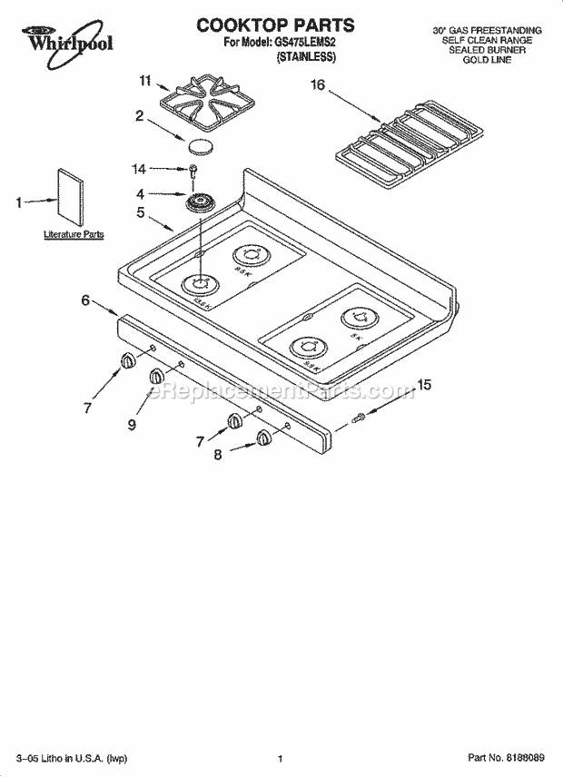 Whirlpool GS475LEMS2 Freestanding Gas Range Cooktop Parts Diagram