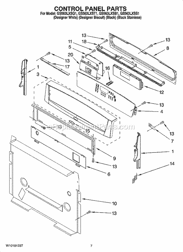 Whirlpool GS563LXSB1 Freestanding Gas Range Control Panel Parts Diagram