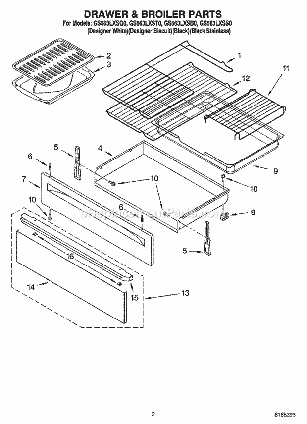 Whirlpool GS563LXSQ0 Freestanding Gas Range Drawer & Broiler Parts Diagram