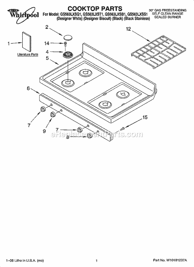 Whirlpool GS563LXSS1 Freestanding Gas Range Cooktop Parts Diagram