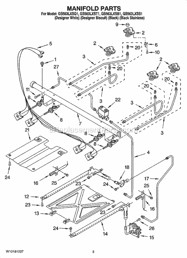 Whirlpool GS563LXSS1 Freestanding Gas Range Manifold Parts Diagram