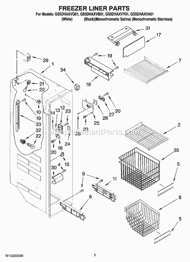 Whirlpool GS5DHAXVB01 Side-By-Side Refrigerator Freezer Liner Parts Diagram