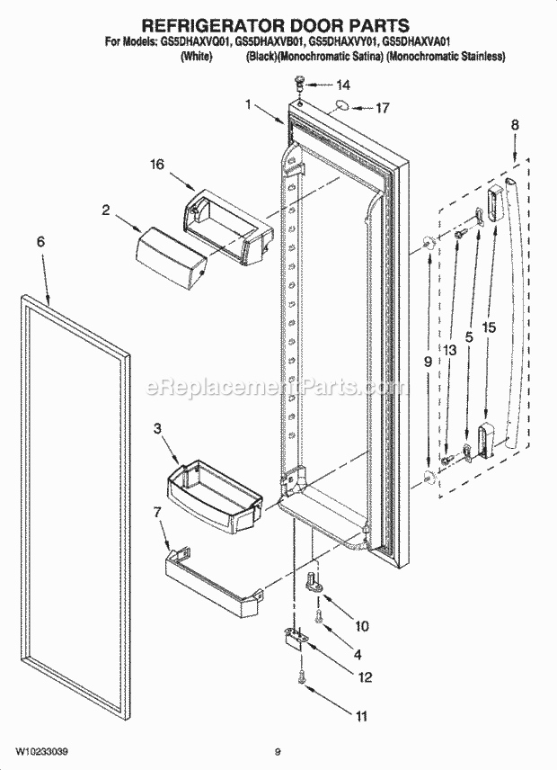 Whirlpool GS5DHAXVB01 Side-By-Side Refrigerator Refrigerator Door Parts Diagram