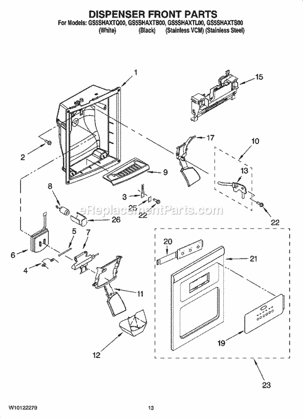 Whirlpool GS5SHAXTS00 Side-By-Side Refrigerator Dispenser Front Parts Diagram