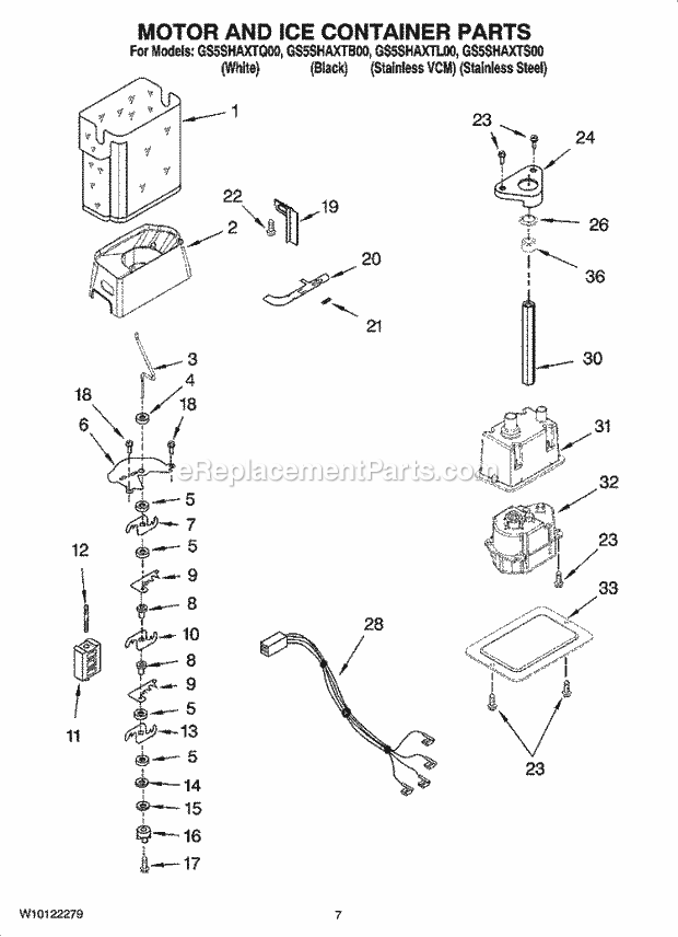 Whirlpool GS5SHAXTS00 Side-By-Side Refrigerator Motor and Ice Container Parts Diagram