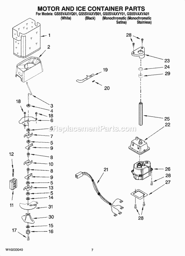 Whirlpool GS5SVAXVY01 Side-By-Side Refrigerator Motor and Ice Container Parts Diagram