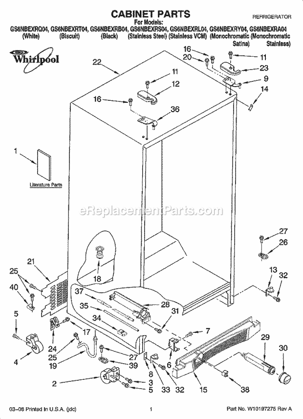 Whirlpool GS6NBEXRB04 Side-By-Side Refrigerator Cabinet Parts Diagram