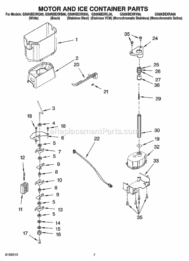 Whirlpool GS6NBEXRS00 Side-By-Side Refrigerator Motor and Ice Container Parts Diagram