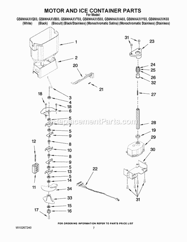 Whirlpool GS6NHAXVT03 Side-By-Side Refrigerator Motor and Ice Container Parts Diagram