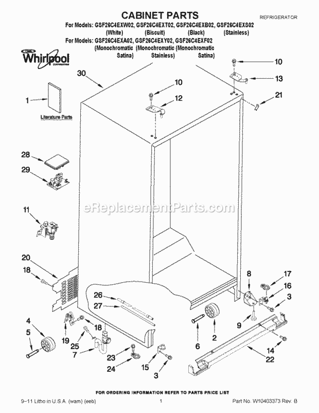 Whirlpool GSF26C4EXS02 Side-By-Side Refrigerator Cabinet Parts Diagram