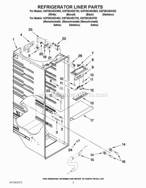 Whirlpool GSF26C4EXY02 Side-By-Side Refrigerator Refrigerator Liner Parts Diagram