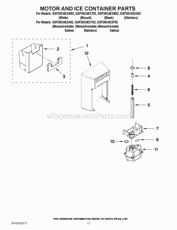 Whirlpool GSF26C4EXY02 Side-By-Side Refrigerator Motor and Ice Container Parts Diagram