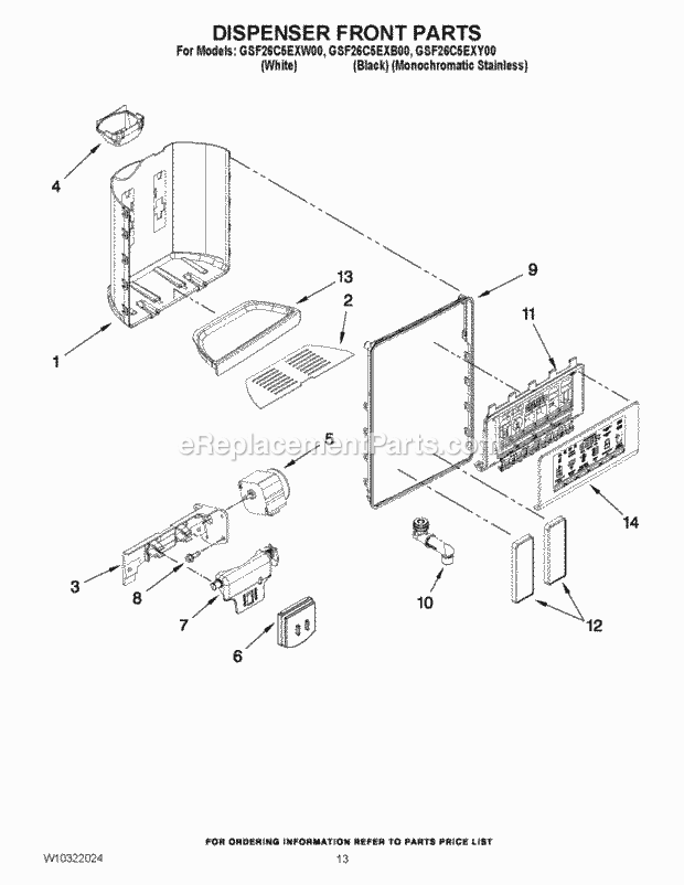 Whirlpool GSF26C5EXB00 Side-By-Side Refrigerator Dispenser Front Parts Diagram