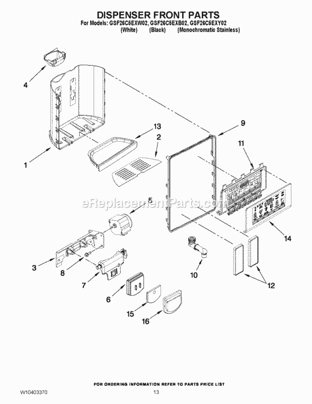 Whirlpool GSF26C5EXB02 Side-By-Side Refrigerator Dispenser Front Parts Diagram