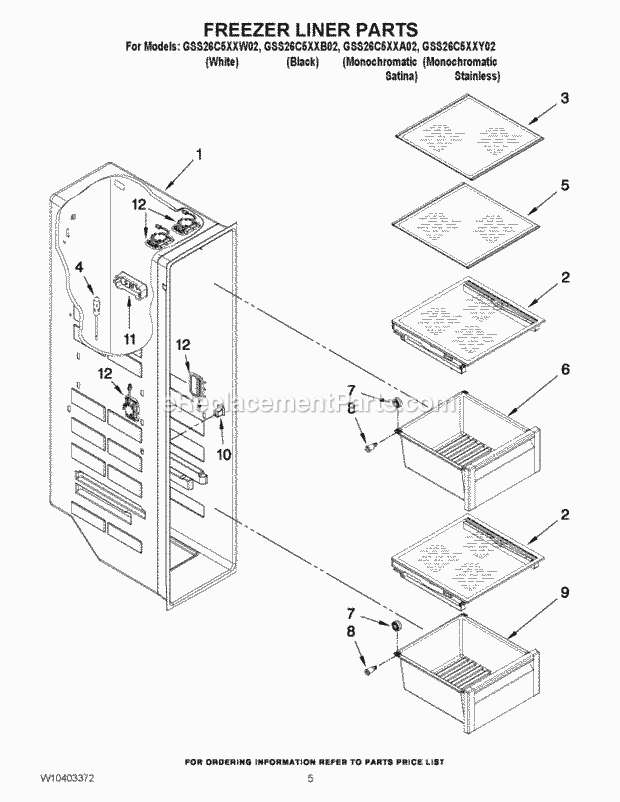 Whirlpool GSS26C5XXW02 Side-By-Side Refrigerator Freezer Liner Parts Diagram