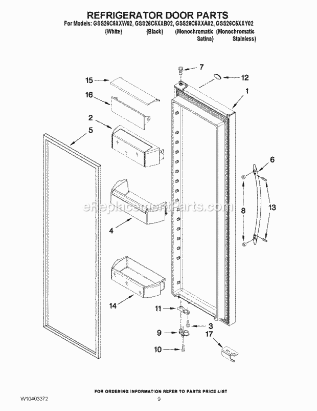 Whirlpool GSS26C5XXW02 Side-By-Side Refrigerator Refrigerator Door Parts Diagram