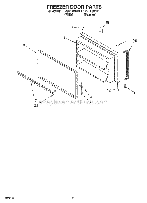 Whirlpool GT9SHKXMQ00 Top Freezer Top-Mount Refrigerator Freezer Door Parts Diagram