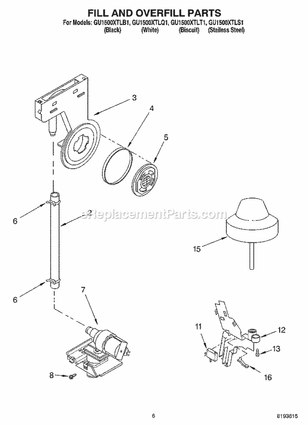 Whirlpool GU1500XTLS1 Undercounter Dishwasher Fill and Overfill Parts Diagram