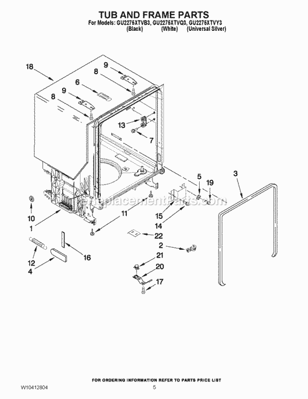 Whirlpool GU2275XTVY3 Undercounter Dishwasher Tub and Frame Parts Diagram