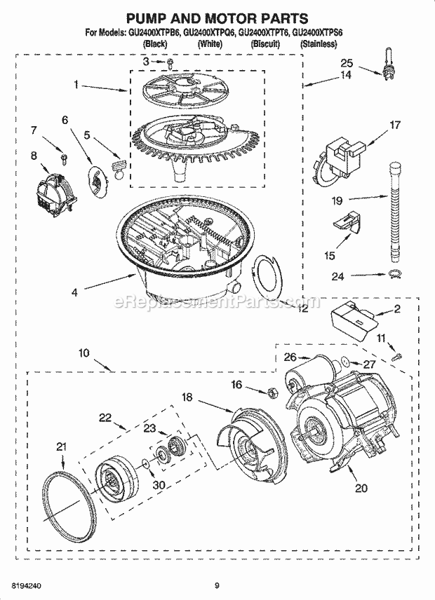 Whirlpool GU2400XTPT6 Dishwasher Pump and Motor Parts Diagram