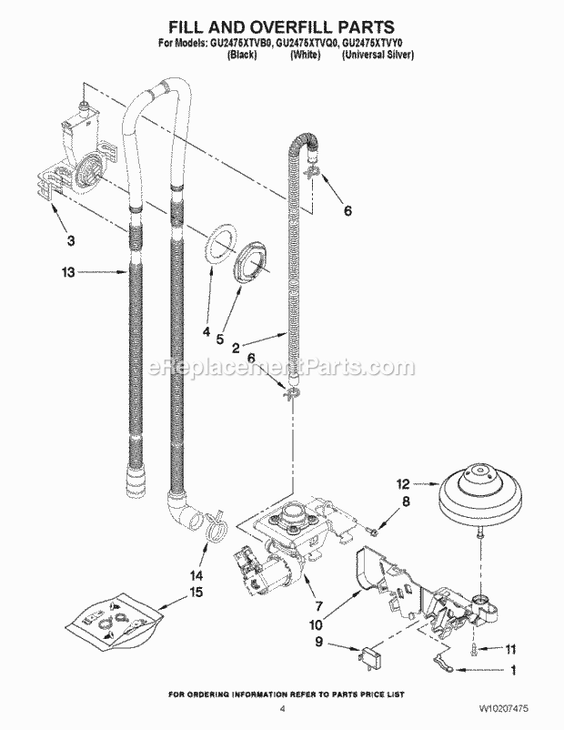 Whirlpool GU2475XTVB0 Undercounter Dishwasher Fill and Overfill Parts Diagram