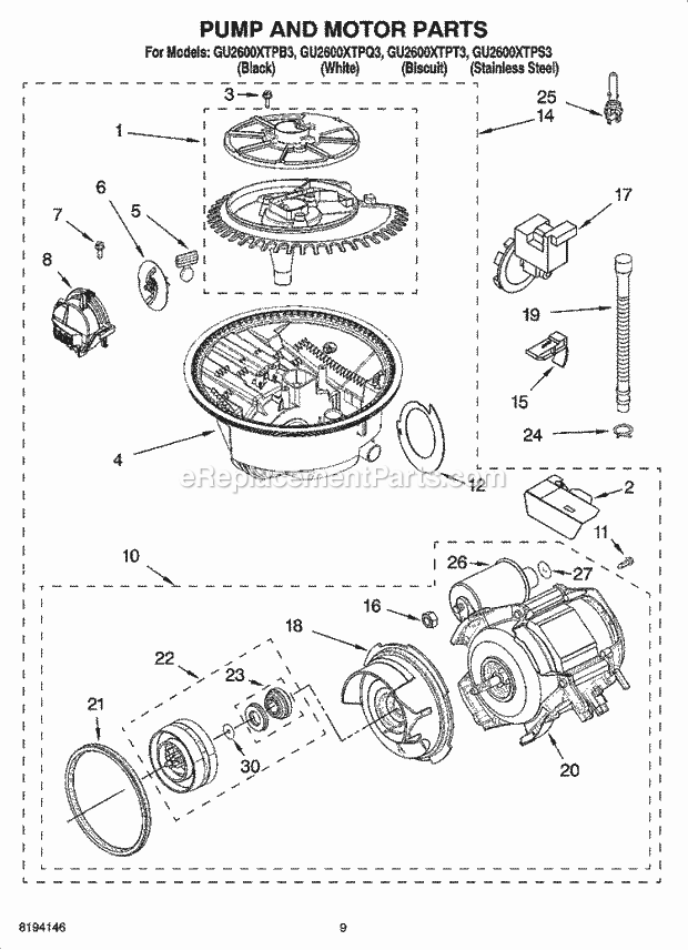 Whirlpool GU2600XTPB3 Undercounter Dishwasher Pump and Motor Parts Diagram