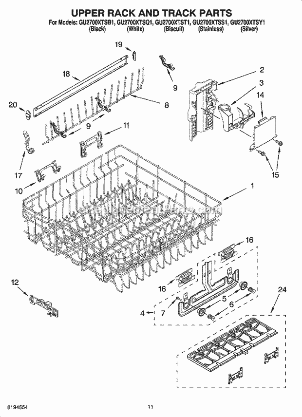 Whirlpool GU2700XTSB1 Undercounter Dishwasher Upper Rack and Track Parts Diagram