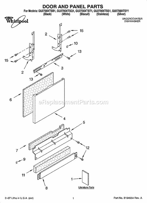 Whirlpool GU2700XTSB1 Undercounter Dishwasher Door and Panel Parts Diagram