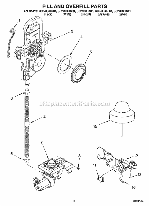 Whirlpool GU2700XTSB1 Undercounter Dishwasher Fill and Overfill Parts Diagram