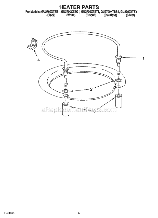 Whirlpool GU2700XTSB1 Undercounter Dishwasher Heater Parts Diagram