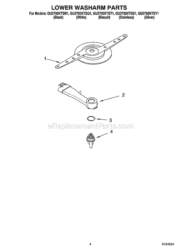 Whirlpool GU2700XTSB1 Undercounter Dishwasher Lower Washarm Parts Diagram