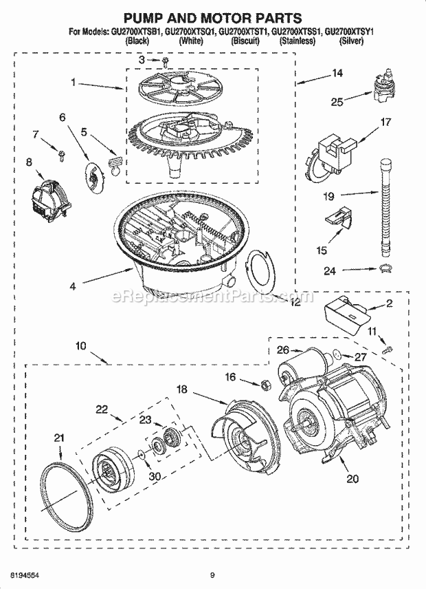 Whirlpool GU2700XTSB1 Undercounter Dishwasher Pump and Motor Parts Diagram