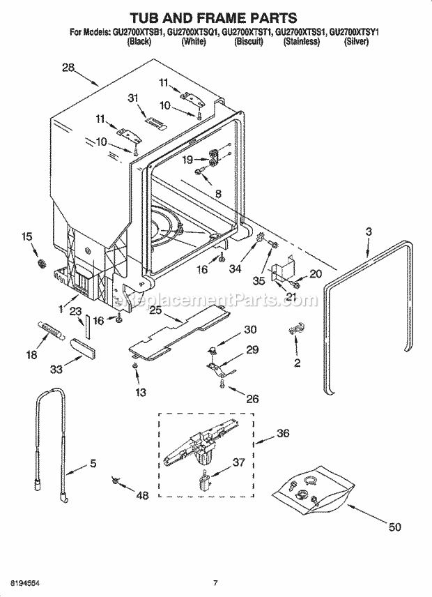 Whirlpool GU2700XTSB1 Undercounter Dishwasher Tub and Frame Parts Diagram