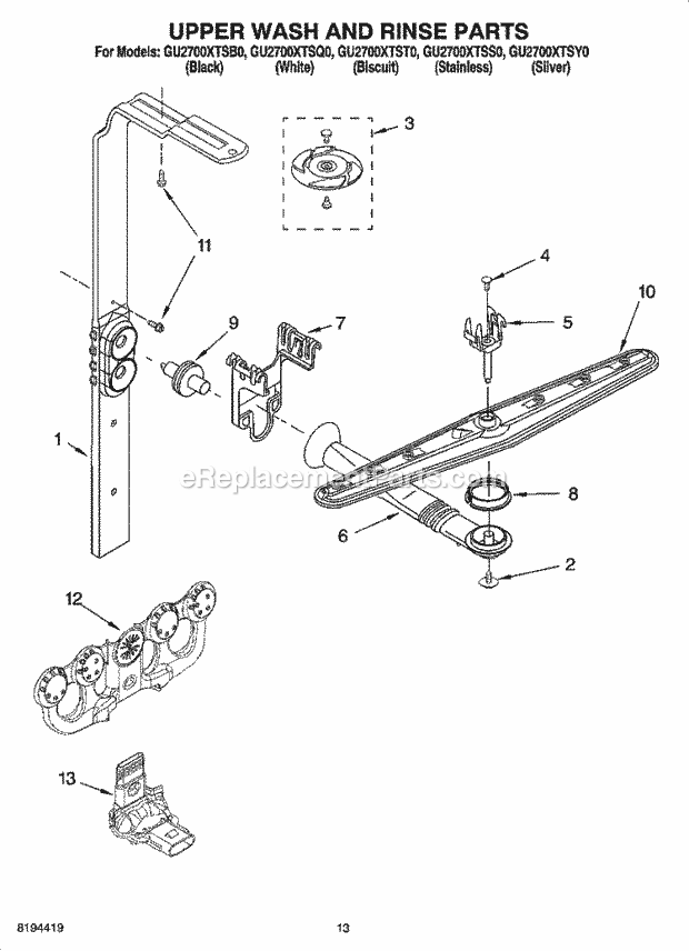 Whirlpool GU2700XTSQ0 Undercounter Dishwasher Upper Wash and Rinse Parts Diagram