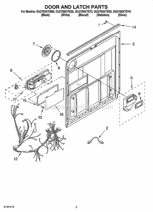 Whirlpool GU2700XTSQ0 Undercounter Dishwasher Door and Latch Parts Diagram