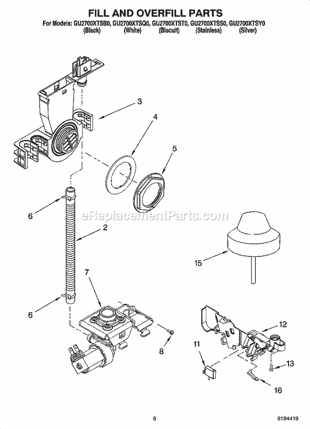 Whirlpool GU2700XTSQ0 Undercounter Dishwasher Fill and Overfill Parts Diagram