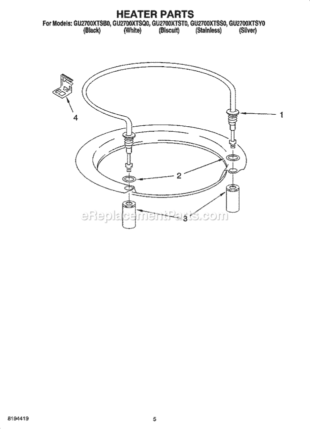 Whirlpool GU2700XTSQ0 Undercounter Dishwasher Heater Parts Diagram