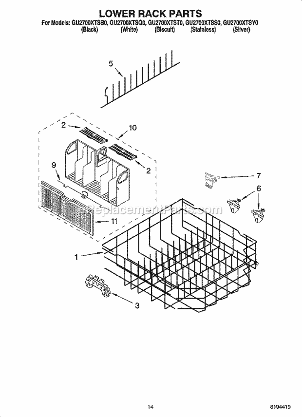 Whirlpool GU2700XTSQ0 Undercounter Dishwasher Lower Rack Parts, Optional Parts (Not Included) Diagram