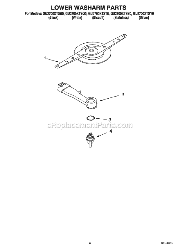 Whirlpool GU2700XTSQ0 Undercounter Dishwasher Lower Washarm Parts Diagram