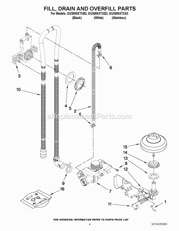 Whirlpool GU3000XTXQ3 Undercounter Dishwasher Fill, Drain and Overfill Parts Diagram