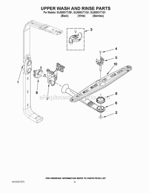 Whirlpool GU3000XTXS1 Undercounter Dishwasher Upper Wash and Rinse Parts Diagram