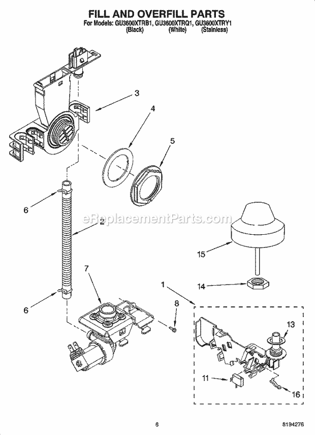 Whirlpool GU3600XTRY1 Undercounter Dishwasher Fill and Overfill Parts Diagram